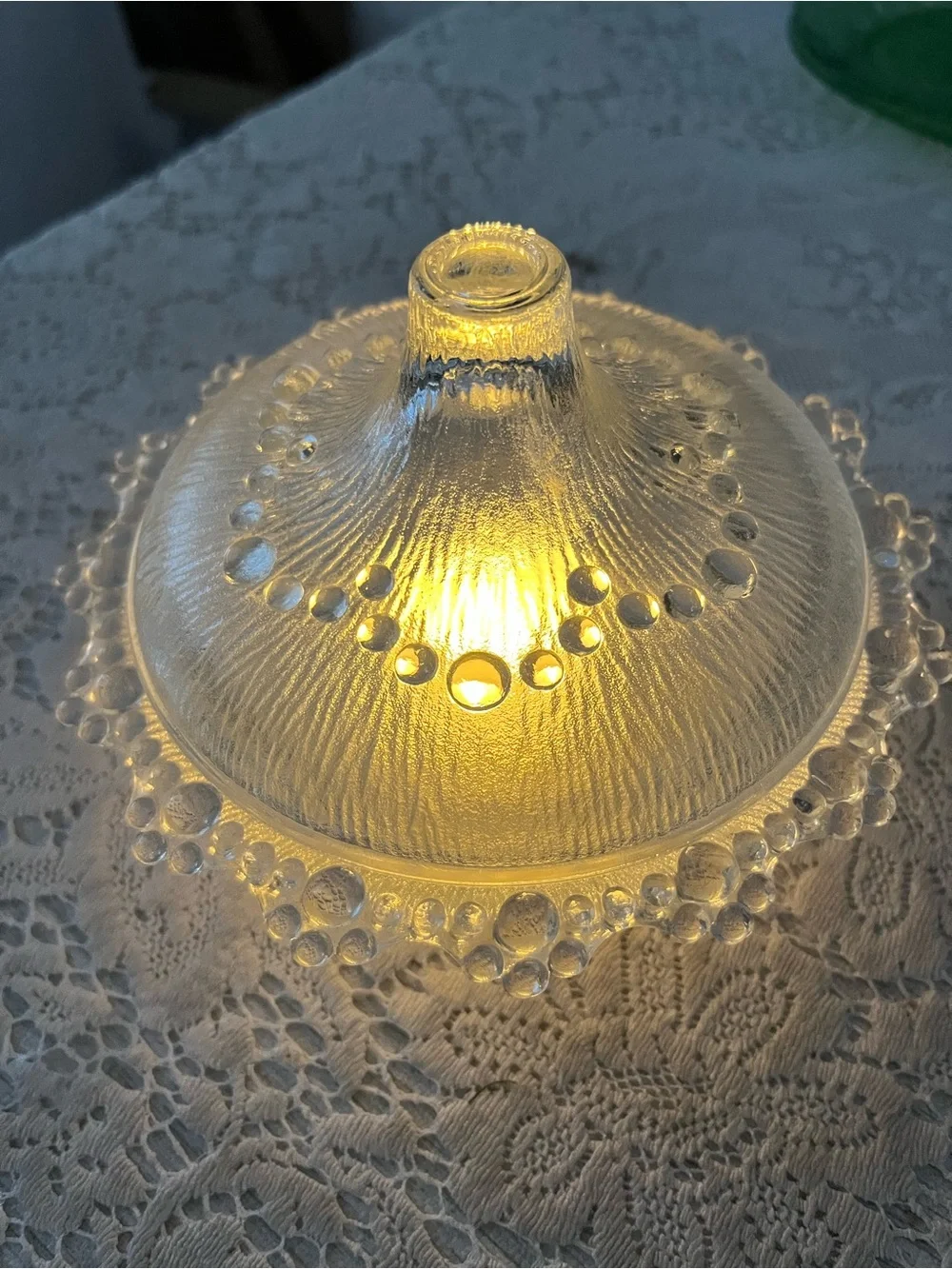 Vintage Frosted Bubble Glass Candy Dish with Matching Lid Styled as a Fairy Lamp